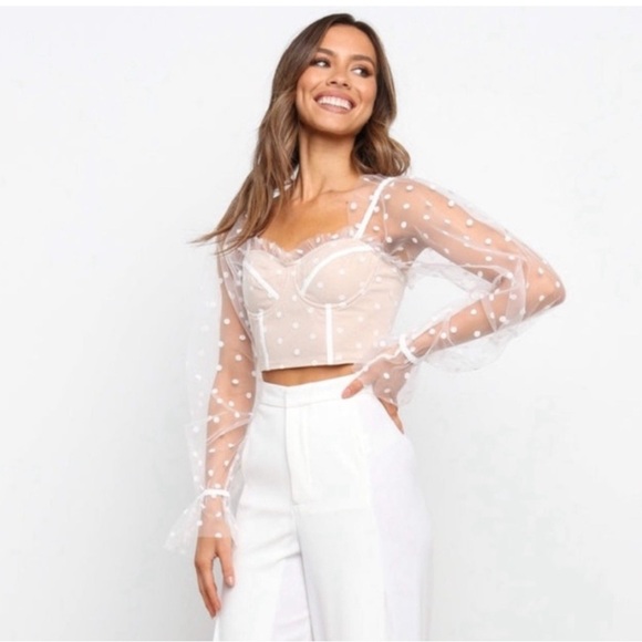 Hello Molly Sunset Polka Dot Mesh Sweetheart Corset Crop Top Preppy Beige 4 - Picture 3 of 12